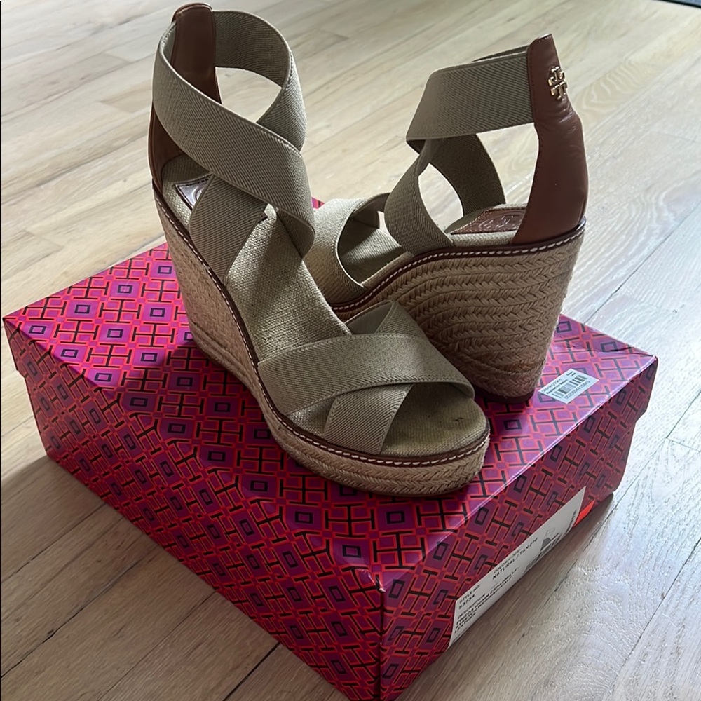Tory Burch Tan Wedge Sandals with Crisscross Straps